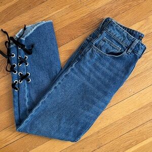 Maje Raw Curved Hem Velvet Lace Up Medium Blue Denim Jeans Size 34 / 0 / XS